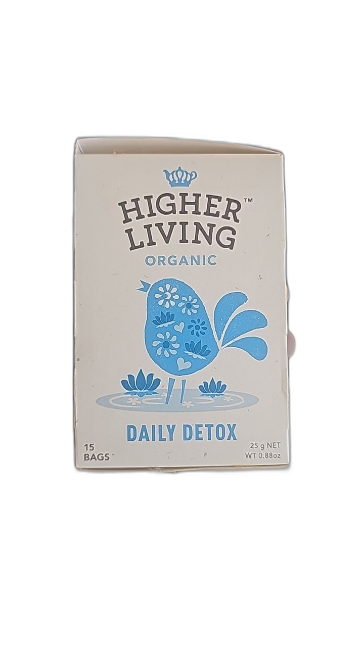 Higher Living Organic Daily Detox Tea in a box with bird illustration and floral design.