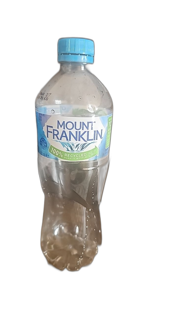 Mount Franklin Still Water 600ml bottle made from 100% recycled plastic.